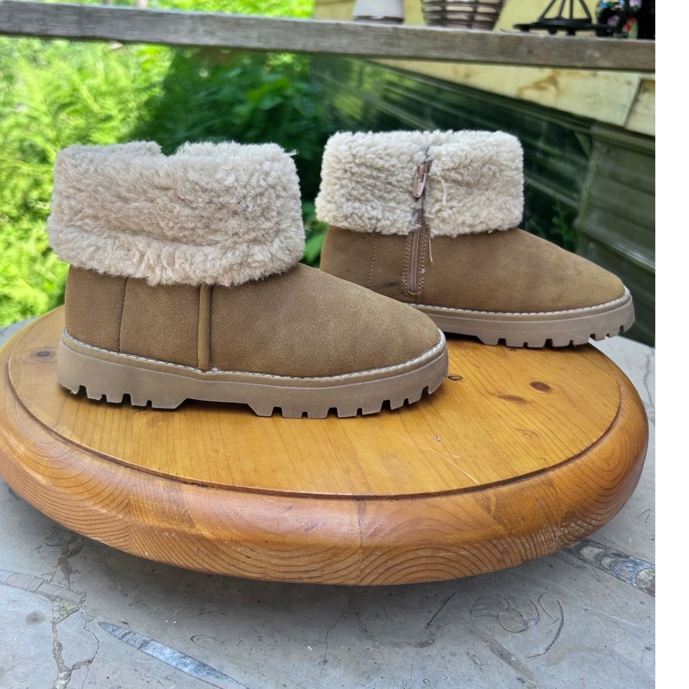 Ankle Boots Kids Size 29 Tan Brown Faux Shearling Lined Side Zip Lug Sole ZARA